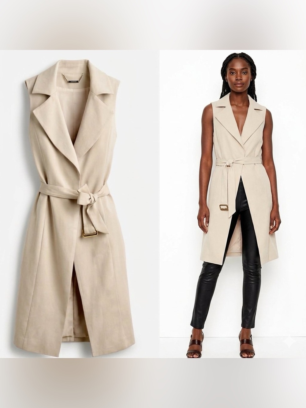 White House Black Market Cream Sleeveless Belted Trench Duster Coat Vest Size S